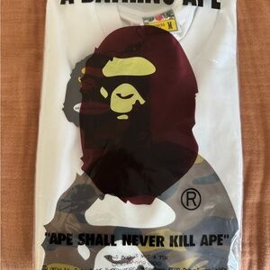 Bape White Tee with Maroon and Yellow Ape Head Graphic